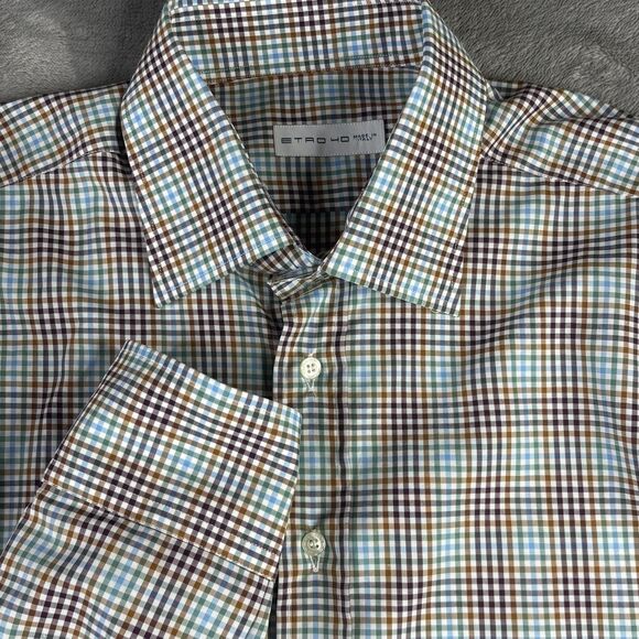 Etro Shirt Mens Medium Brown Blue Green Plaid Button Down Made in Italy Slim Fit - Picture 1 of 9